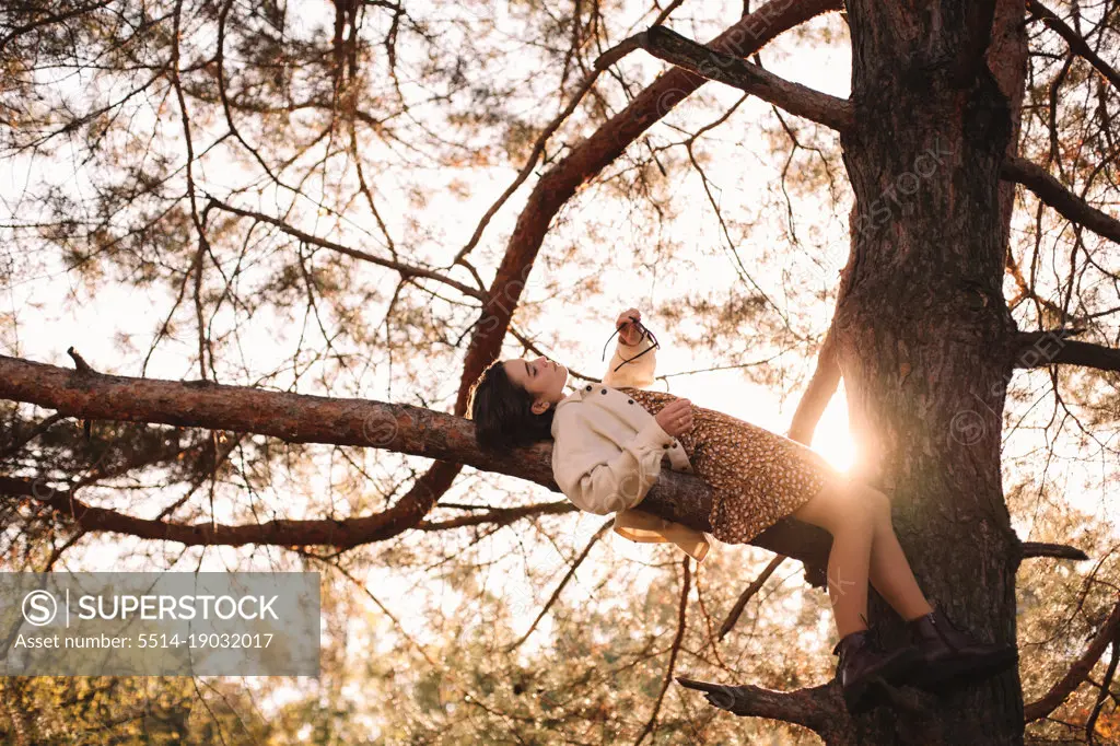 Teenage girl lying on pine tree branch in forest