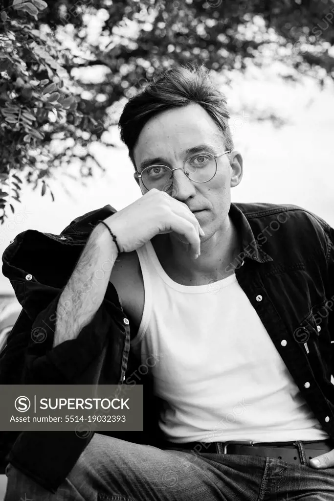 handsome man in glasses black and white