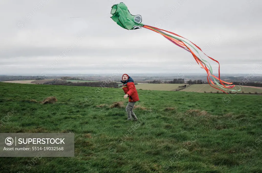 boy flying kite in a green field on a windy day
