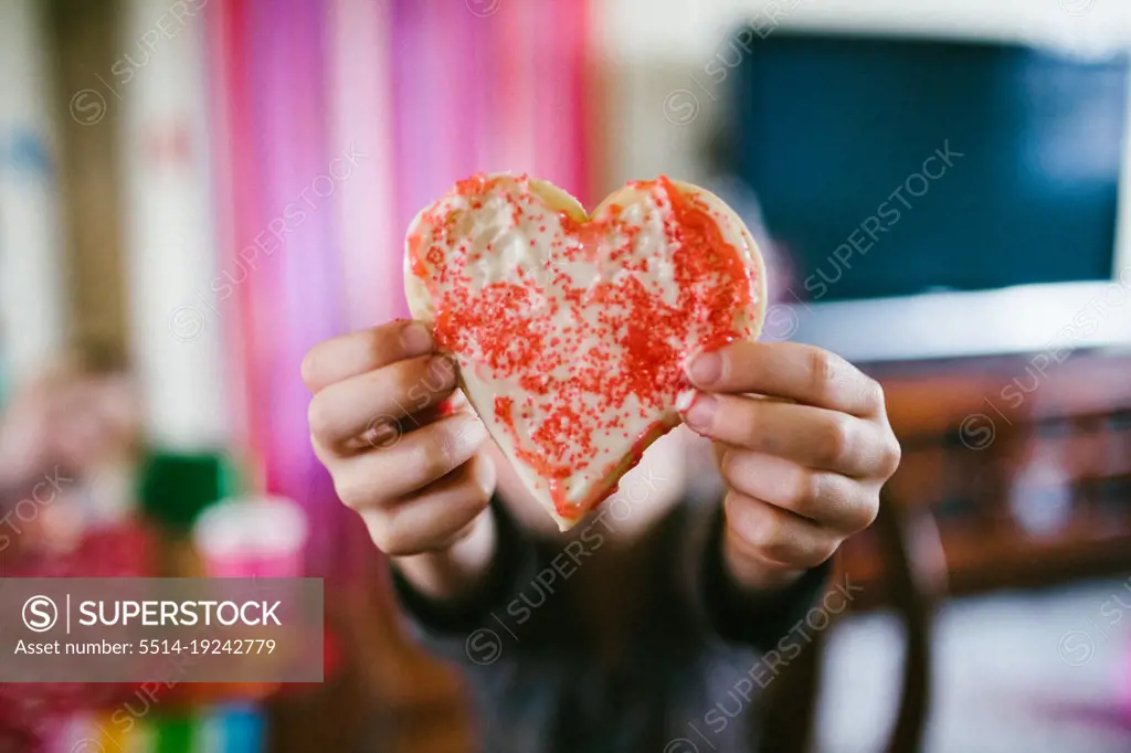 Heart sugar cookie for Valentines Day held by caucasian child hands