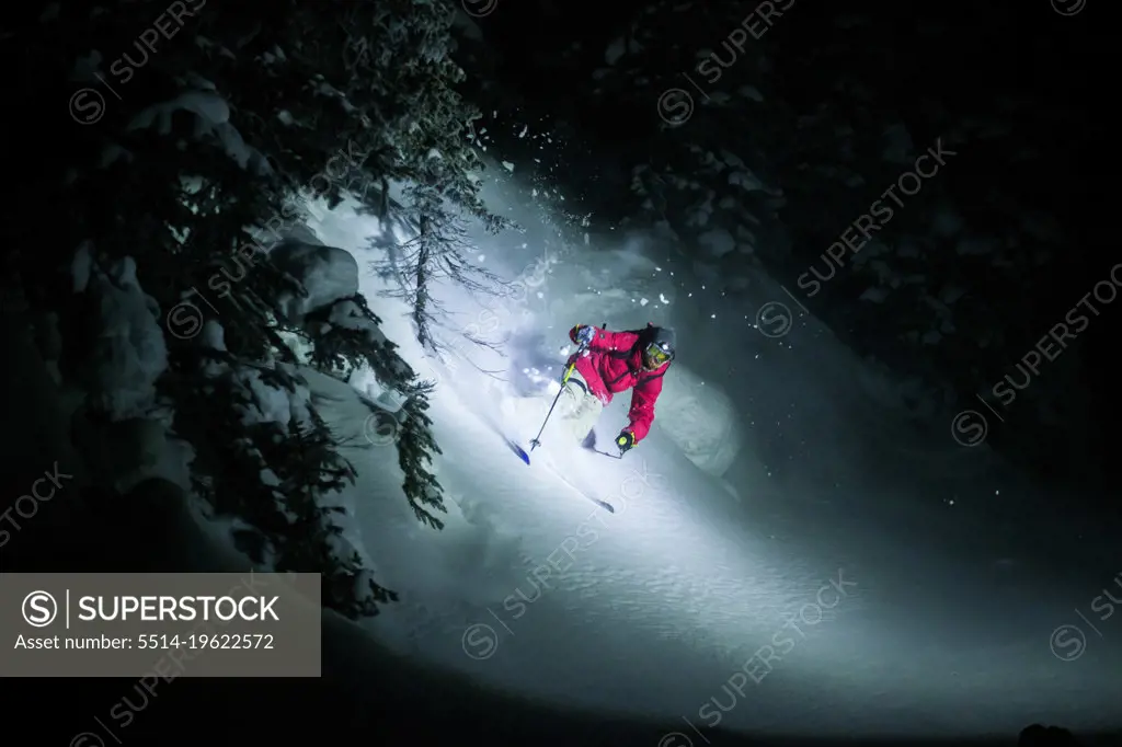 Skier Making Turn at Night