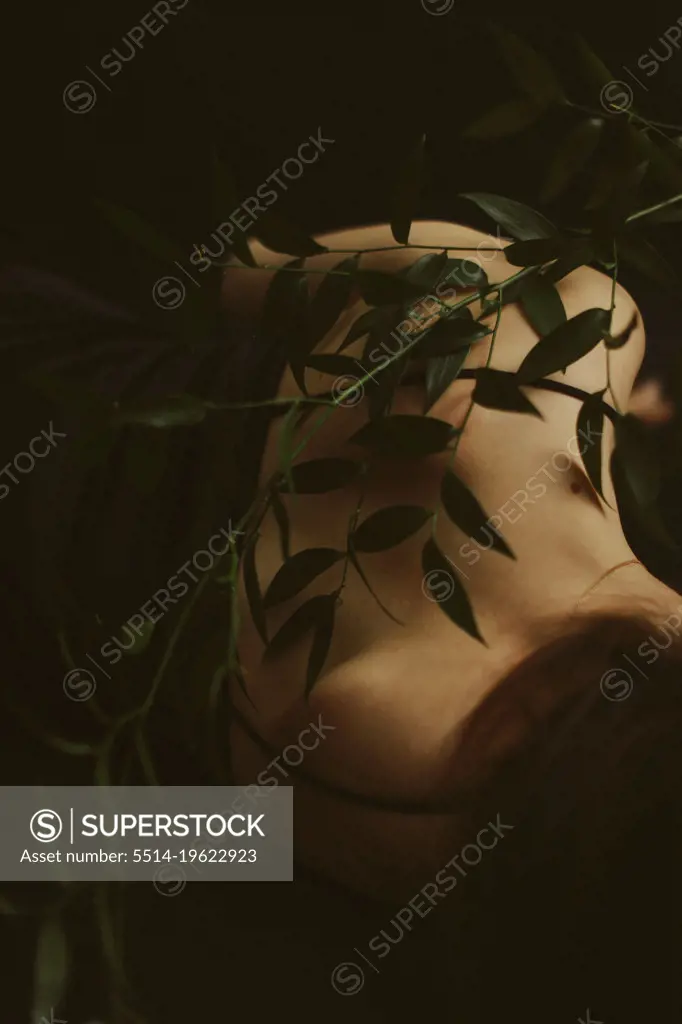 Brunette girl dancing with plant in the studio, body details