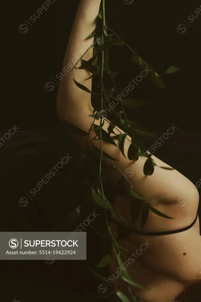 Brunette girl dancing with plant in the studio, body details
