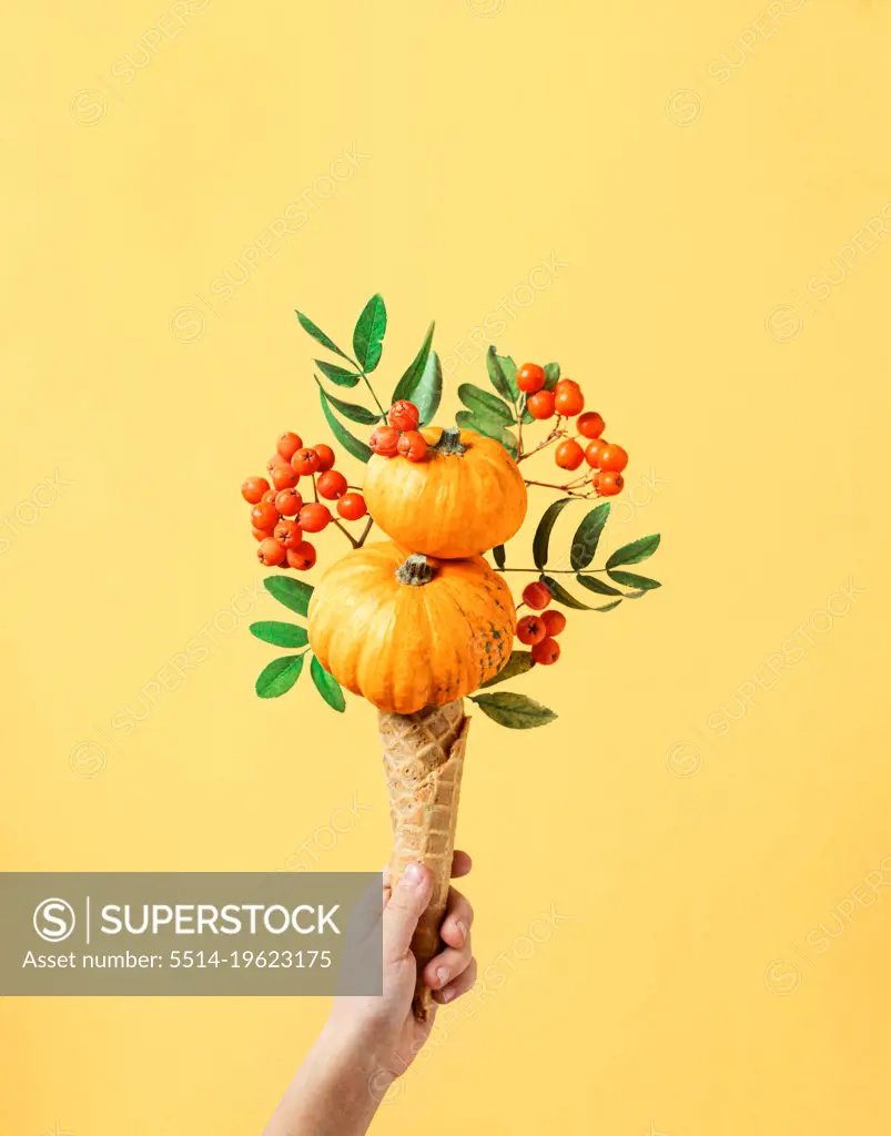 creative pop art pumpkin autumn ice cream cone on orange background
