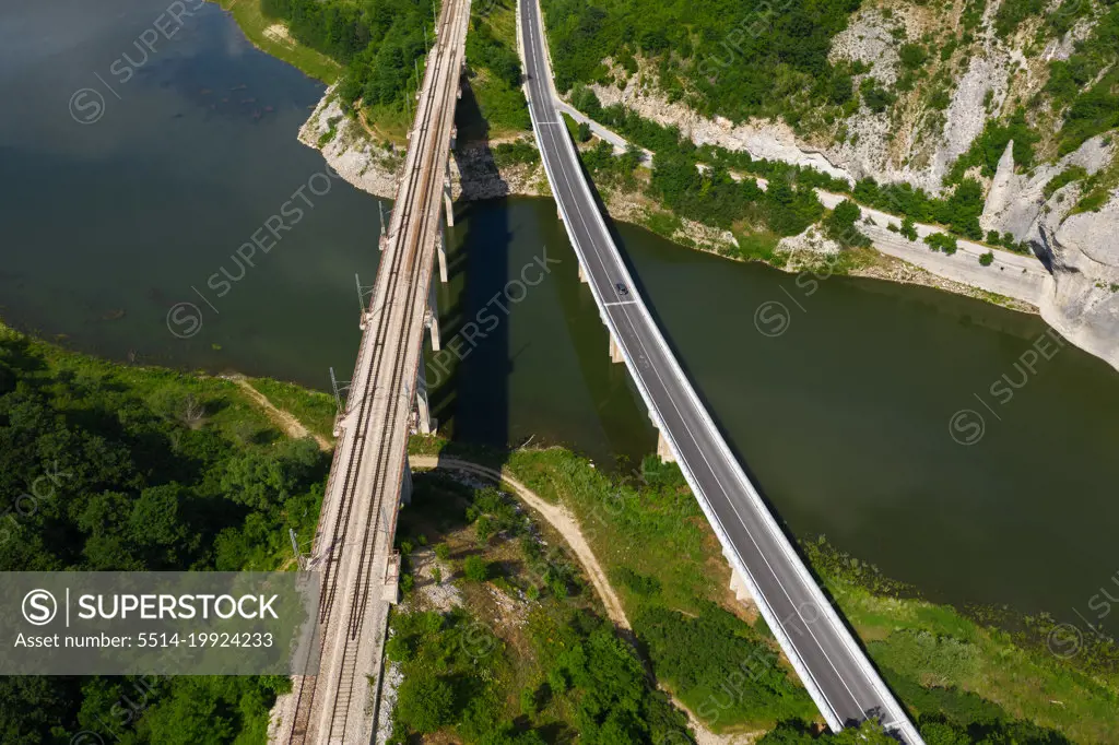 Aerial view to a two bridges over a river
