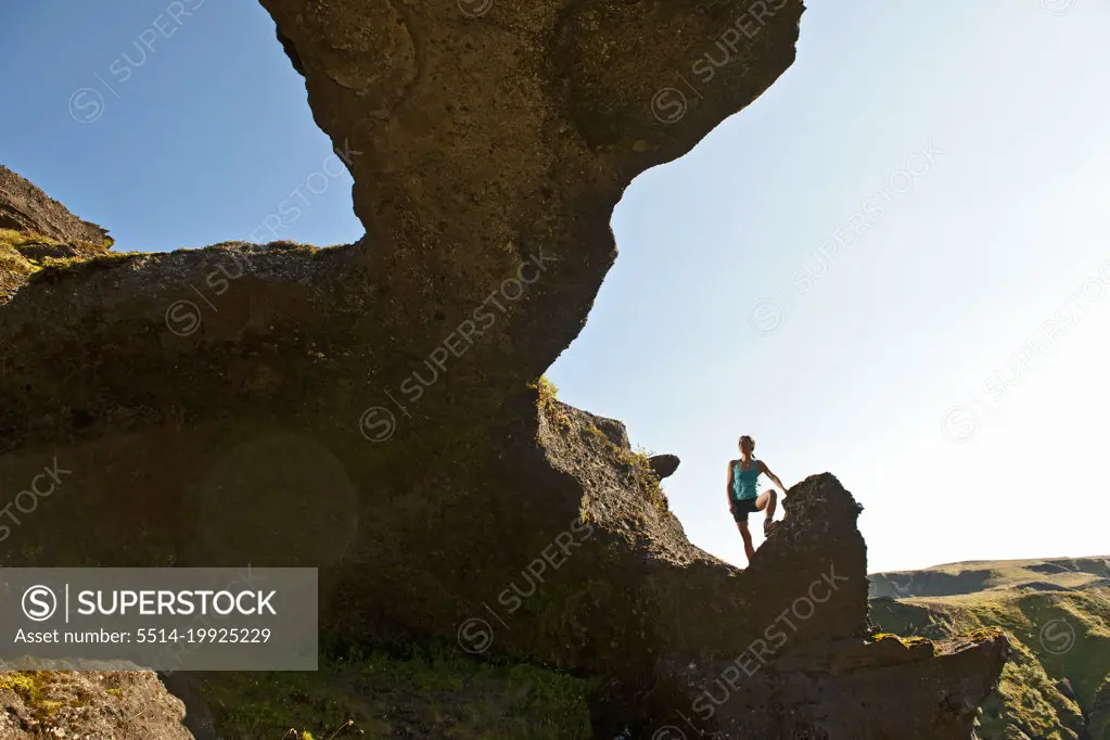 woman hiking in the Thorsmork valley in Iceland