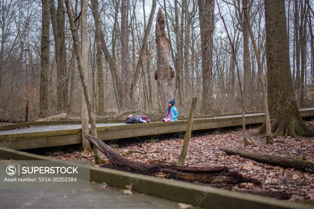 Distant view of two children resting on wooded path together