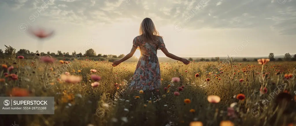 Blonde woman on summer dress standing in wildflowers field