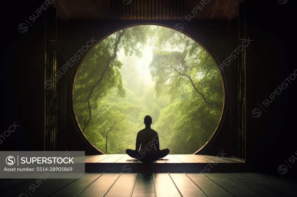 Person meditating looking out circular window. Generative AI.