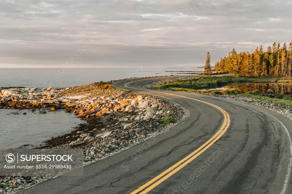 Twisting road hugs shoreline at sunrise, Acadia National Park, Maine