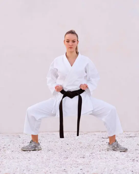 Young female karate expert practicing fighting positions with he