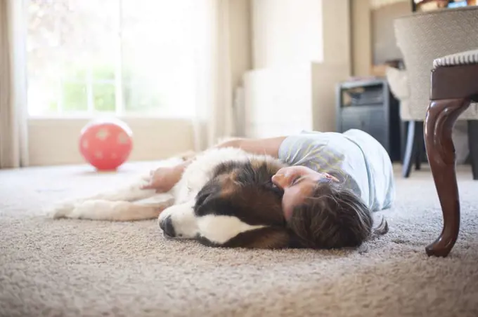 Young girl laying with large Saint Bernard dog on the carpet at home