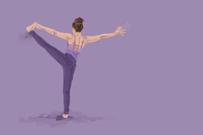women balancing on standing to big toe in yoga illustration  iso