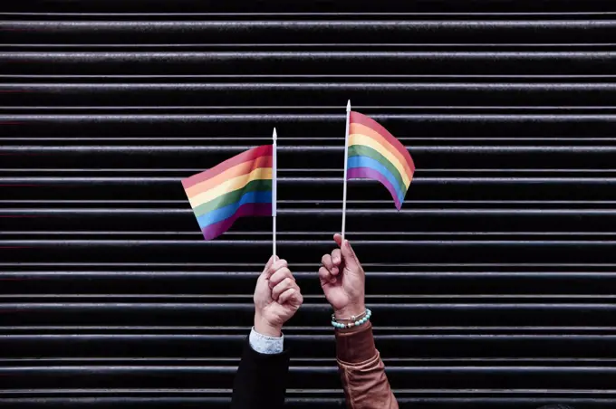 two hands holding pride flags. black background
