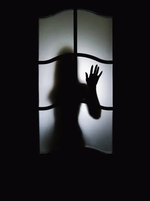 Silhouette of a young girl in the doorway through the glass
