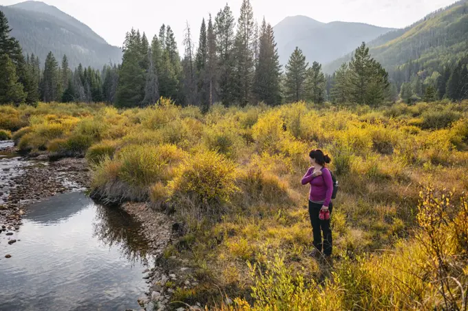 Woman standing near a creek in the Eagles Nest Wilderness, Colorado