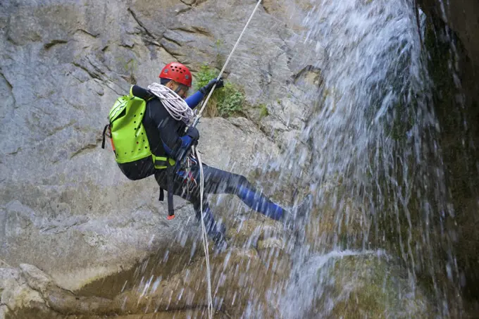 Canyoneering Aguare Canyon in the Pyrenees, Huesca Province in Spain.