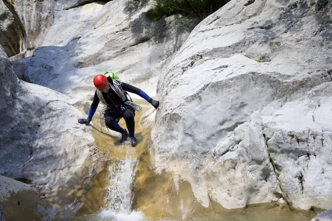 Canyoneering Aguare Canyon in the Pyrenees, Huesca Province in Spain.