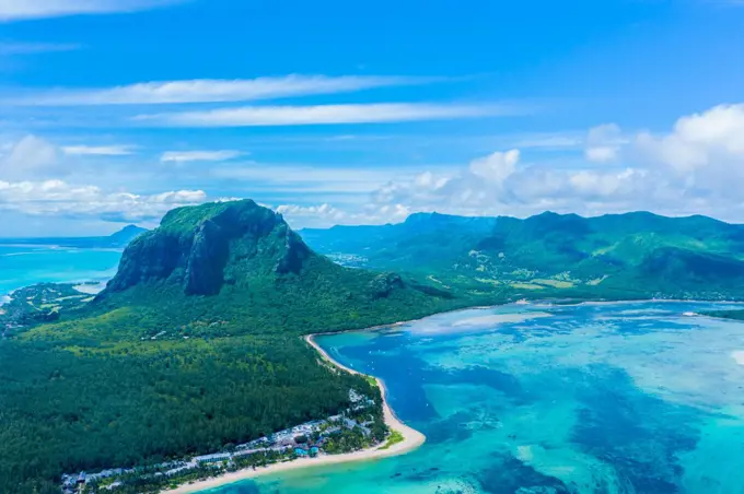 Aerial view of Mauritius island panorama and famous Le Morne Bra