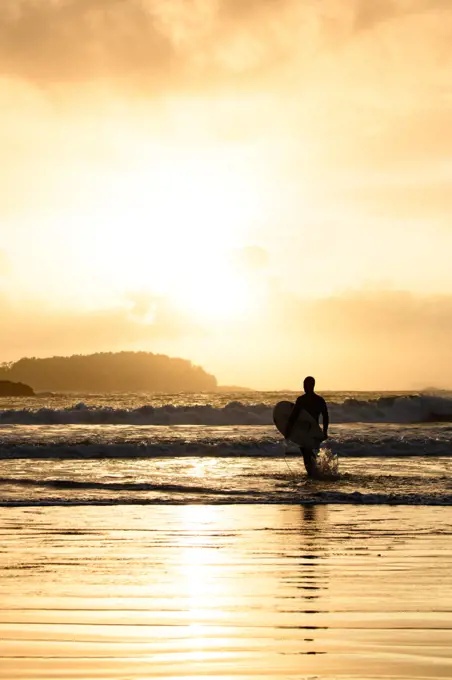 Surfer walking on the beach at sunset in Tofino, British Columbia