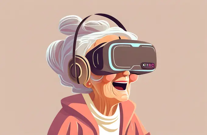 Happy old woman in VR headset or 3d glasses. Retirement. AI Generative