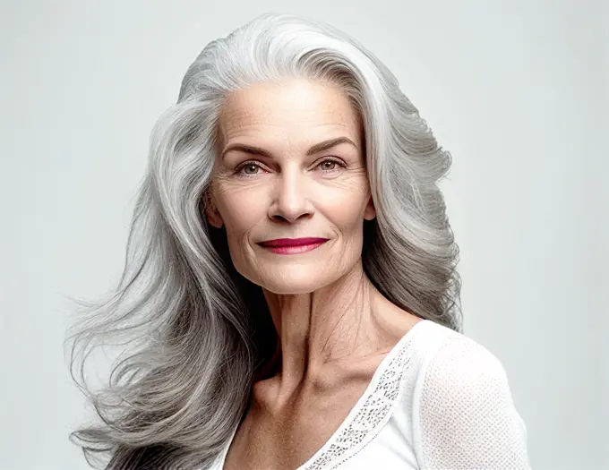 portrait of beautiful mature woman, long grey hair. Generative AI