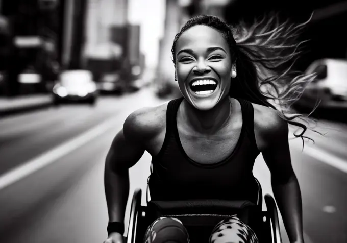joyful athletic black athletic woman on a wheelchair Generative AI