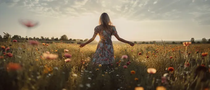 Blonde woman on summer dress standing in wildflowers field