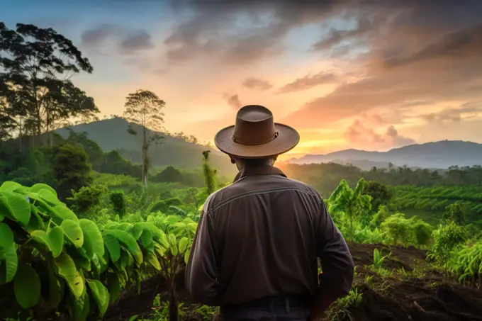 Coffee farmer looking at the plantation at suns. Generative AI