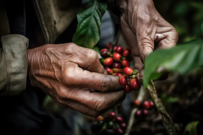 Farmer harvesting fresh coffee beans from the plant. Generative AI