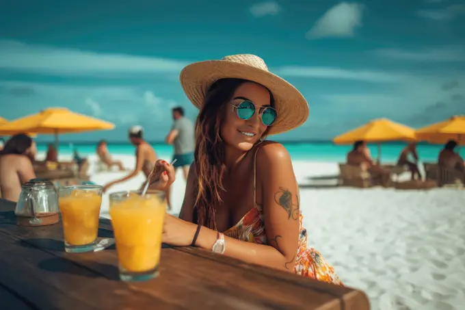 Woman sitting at a beach bar drinking a beverage. AI Generative