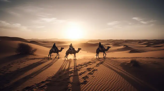 Image Generative AI. Group of beduins on desert landscape