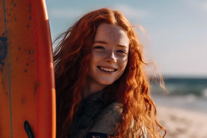 Woman with red hair posing with her surfboard on beach. Generative AI