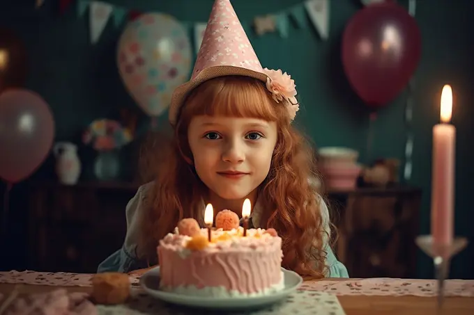Cute little birthday girl sitting at table with cake. Generative AI