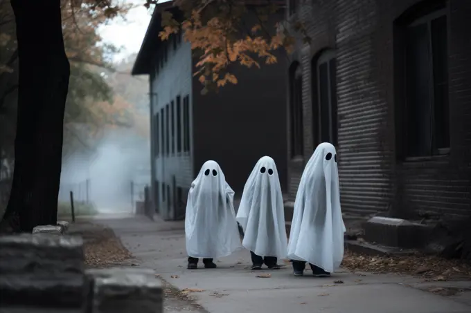 Kids in ghost costumes celebrating halloween at street. Generative AI.