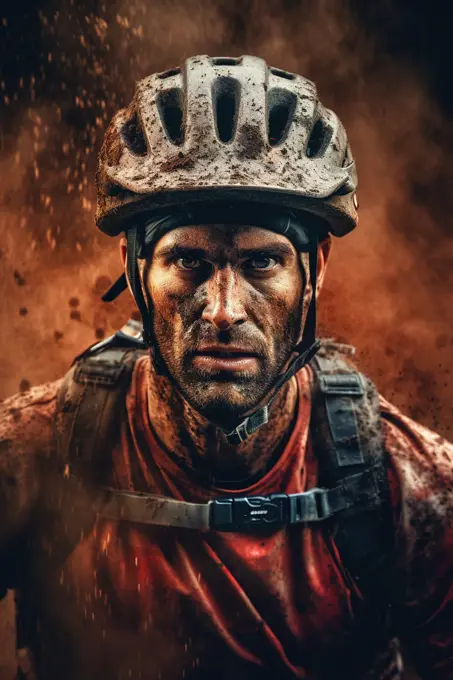 Head shot of professional biker covered in dust and dirt.