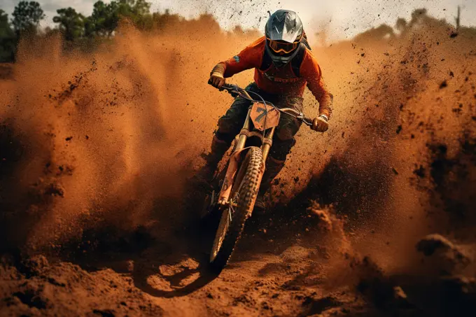 Professional motorbike rider in dirt and dusty terrain. Generative AI