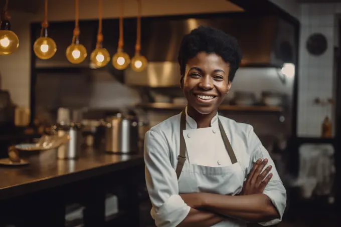 Portrait of african female chef at restaurant kitchen. Generative AI.