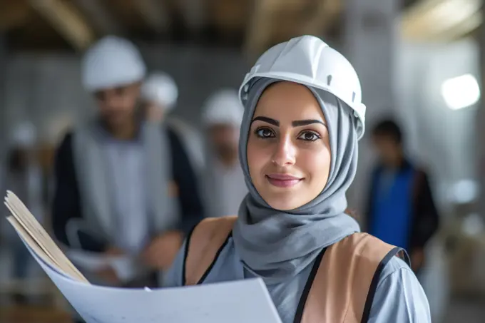 Arab woman architect holding blueprint. Generative AI