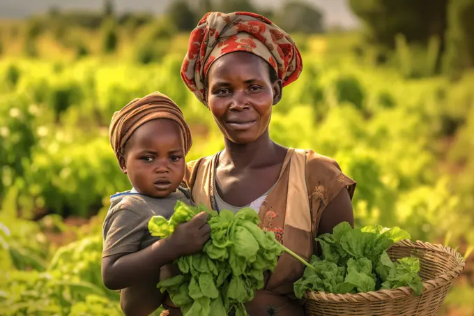 Female african farmer with her baby. Generative AI