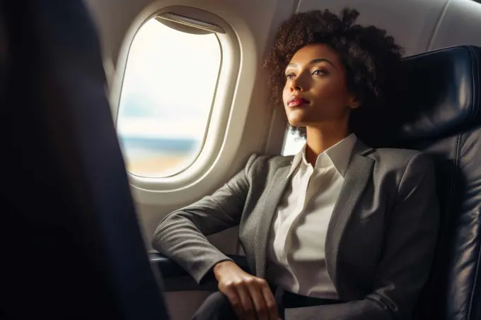 African business woman on a plane, business trip. Generative AI.