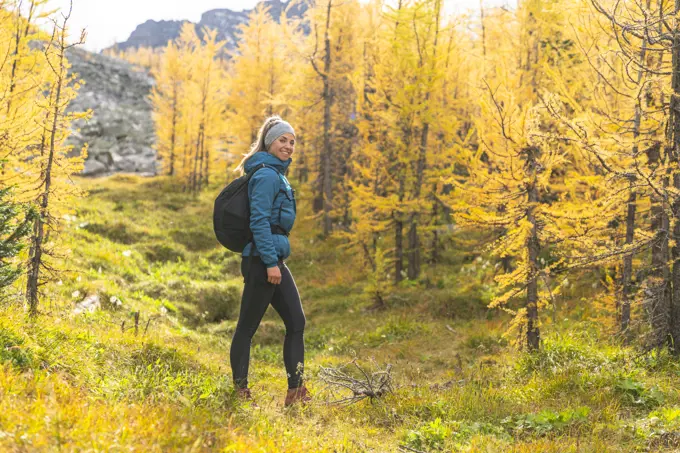 Hiker Posing in Field of Golden Larches at Paradise Valley