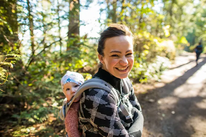 Portrait of mom and baby on a hike