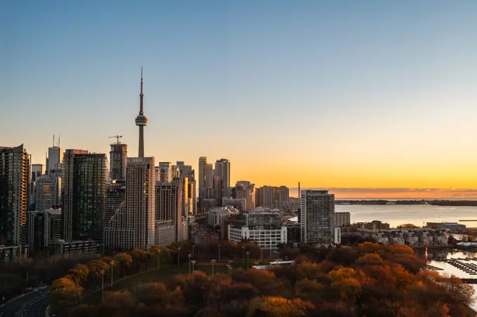 Skyline of buildings in Toronto, Ontario, Canada at sunrise.
