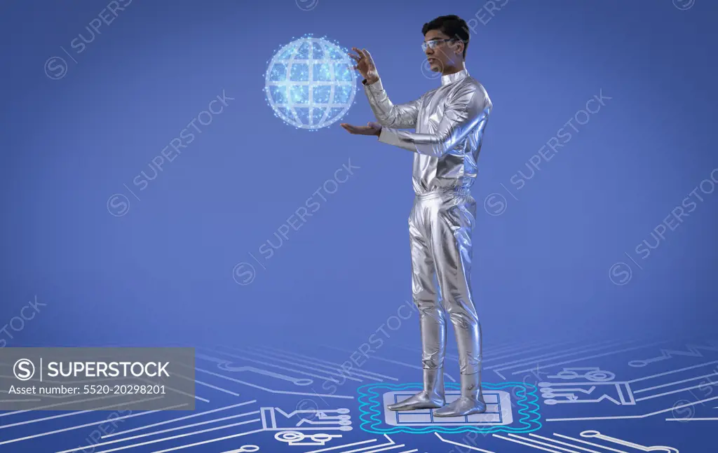 A man wearing silver, futuristic  clothes holding digital globe , future technology concept