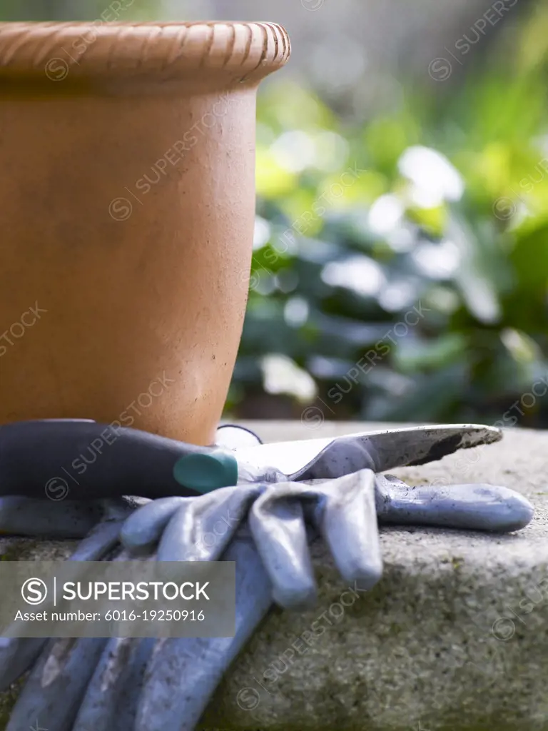 Terracotta pot, spade and garden gloves ready for gardening