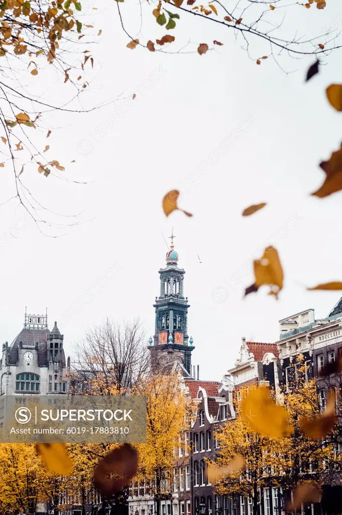 Autumn in Amsterdam, leaves falling around a church tower