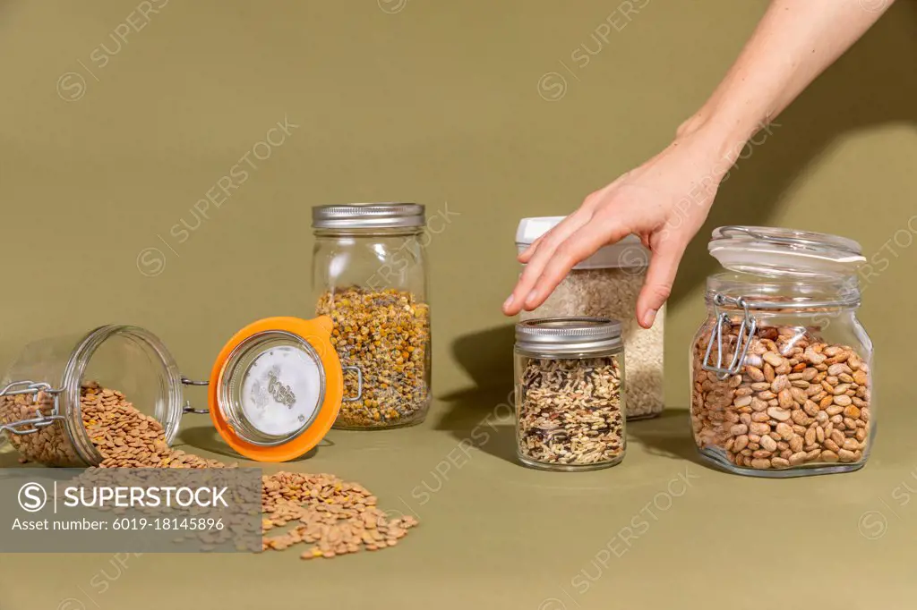 Still Life Scene of Various Pantry Items in Reuseable Containers