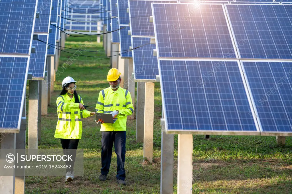 Engineers with architects examining solar power plant
