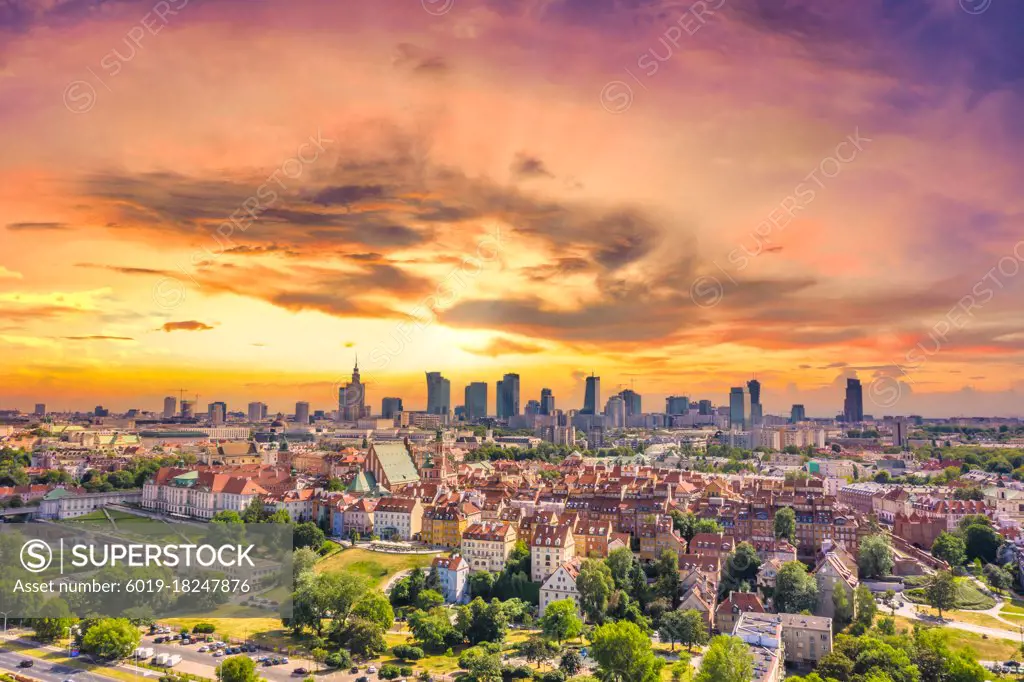 Aerial panorama of Warsaw, Poland  over the Vistual river and Ci